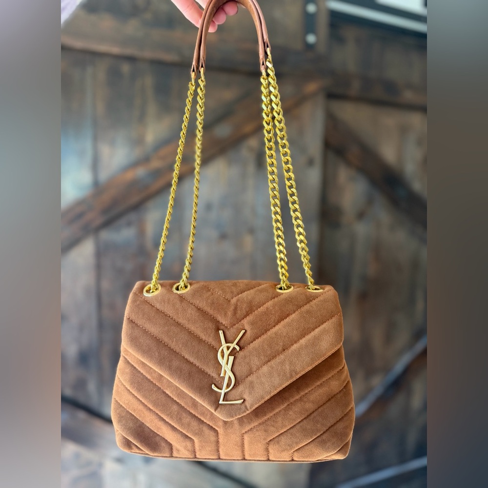 Brown Tan Quilted Shoulder Bag with Gold Chain